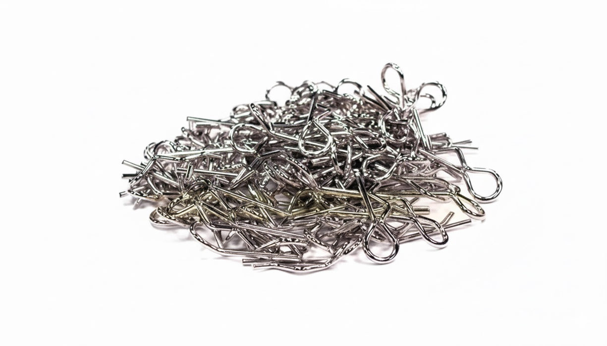 Bent-Up Body Clips (100) for 1/10 Short Course & Monster Trucks(LxW=19.5x6.5mm)
