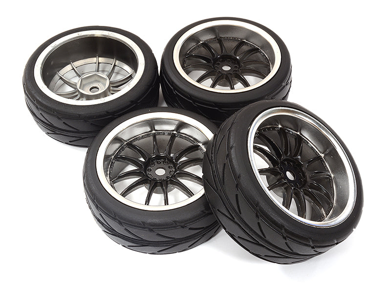 Dual 6 Spoke Complete Wheel & Tire Set (4) for 1/10 Touring Car