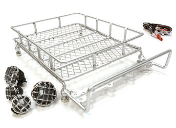 Realistic 1/10 Scale Metal Luggage Tray 165x110mm with 4 LED Spot Light Set