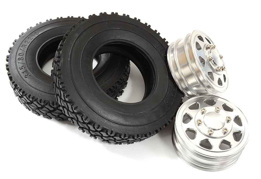 Machined Alloy Front Wheel & Tire (2) Set for Tamiya 1/14 Scale Trucks W=19mm