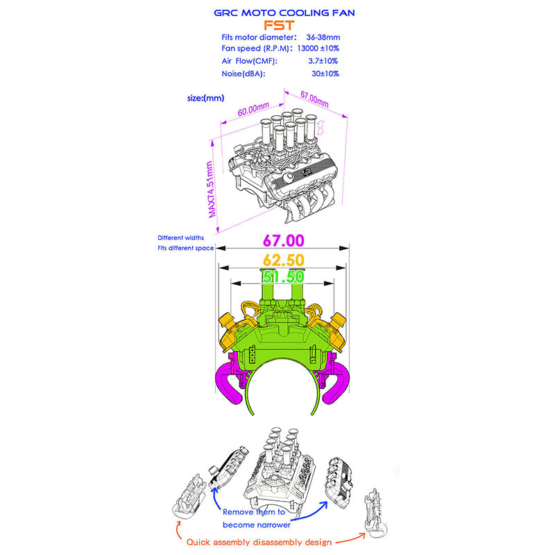 Motor Cooling Fans with Realistic V8 Engine Cover for 540 Size Motor (36mm O.D.)