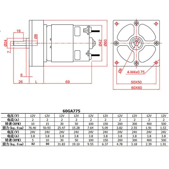 60GA775 DC Motor w/ Gear Reduction Gearbox & Motor Mount 12v500