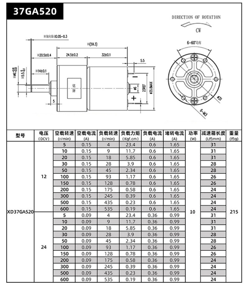 37GA520 (10W) DC Motor w/ Gear Reduction Gearbox & Motor Mount 12v300