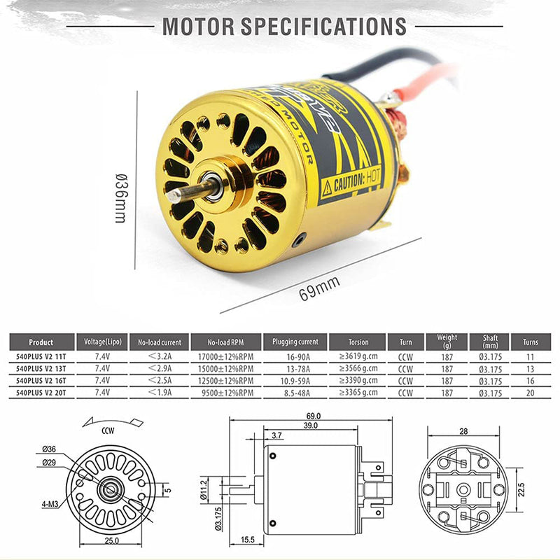 5-Slot 540 PLUS V2 Brush Type 11T Crawler Motor w/ Adjustable Timing