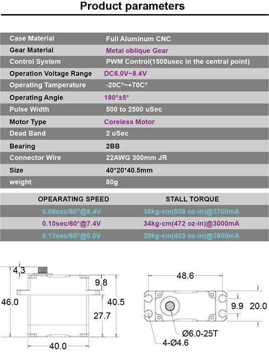 Yantrs CLS-4035MGX Coreless MG Servo HV WP 38kg 0.09s for 1/10 Scale RC