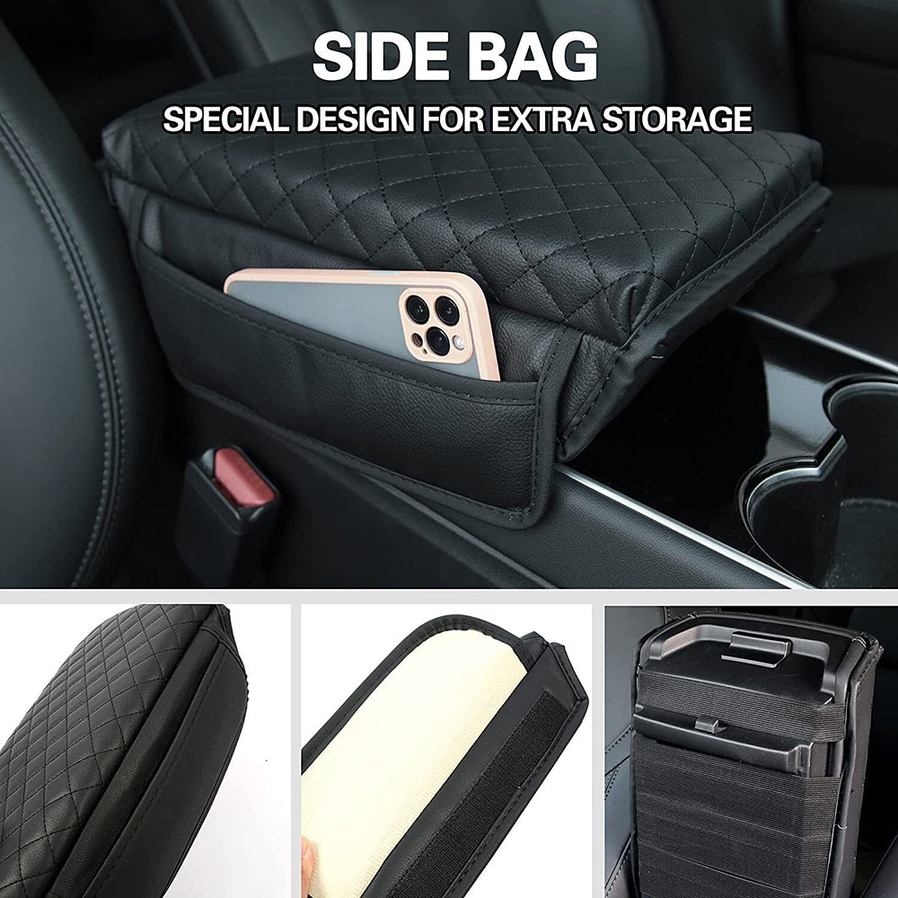 Black PU Leather Armrest Cover w/ Pocket for Tesla Model 3/Y