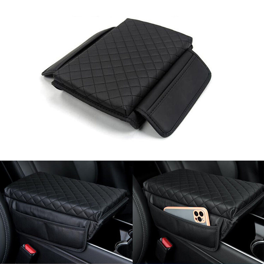 Black PU Leather Armrest Cover w/ Pocket for Tesla Model 3/Y