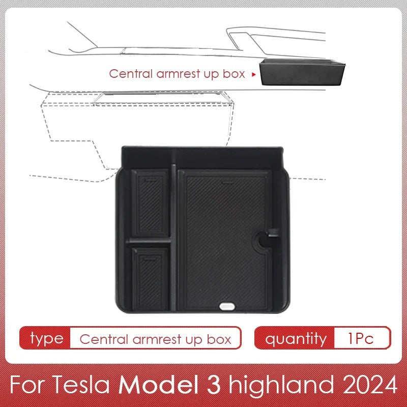 Black ABS Central Control Armrest Storage Box w/ PVC Pad for Tesla 24 Model 3