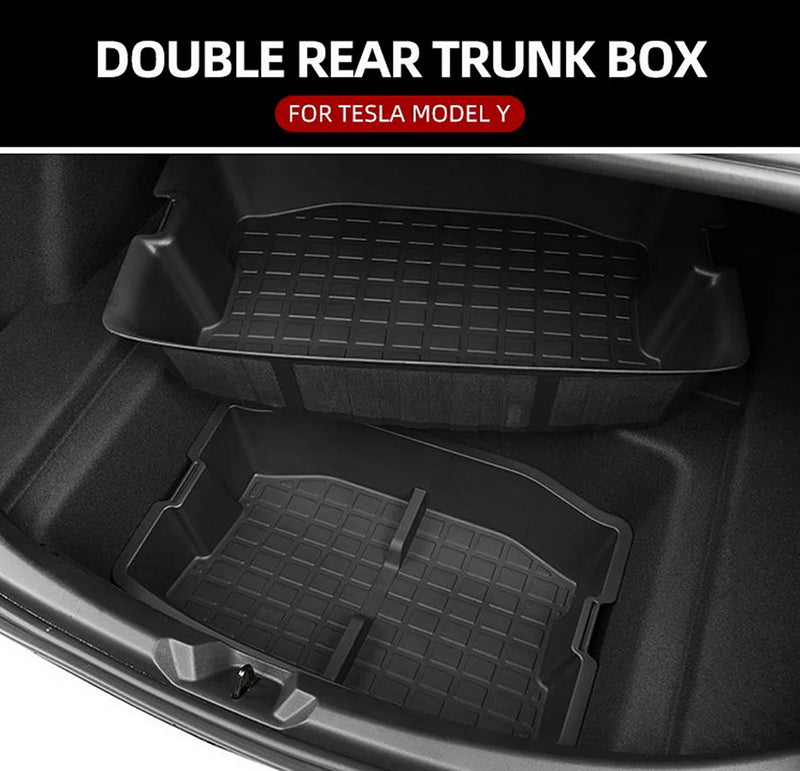 Black TPE Rear Trunk Double Deck Storage Trays 2 Levels for Tesla 21-24 Model Y