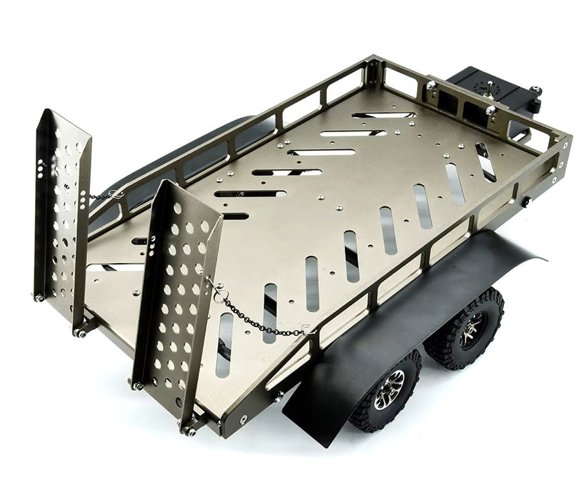 Machined Alloy Dual Axle Flatbed RC Car Trailer Kit, Silver, 1/16-1/18 Scale