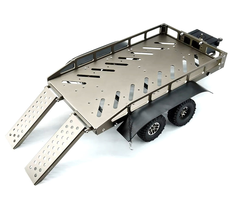 Machined Alloy Dual Axle Flatbed RC Car Trailer Kit, Silver, 1/16-1/18 Scale