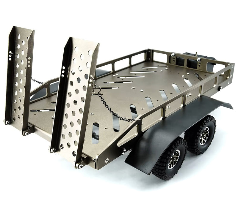 Machined Alloy Dual Axle Flatbed RC Car Trailer Kit, Silver, 1/16-1/18 Scale
