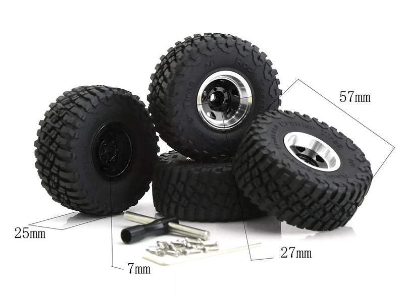 Alloy 1.0 Wheel (4) w/ Rubber Tires for TRX-4M & SCX24 O.D.=57mm 9869