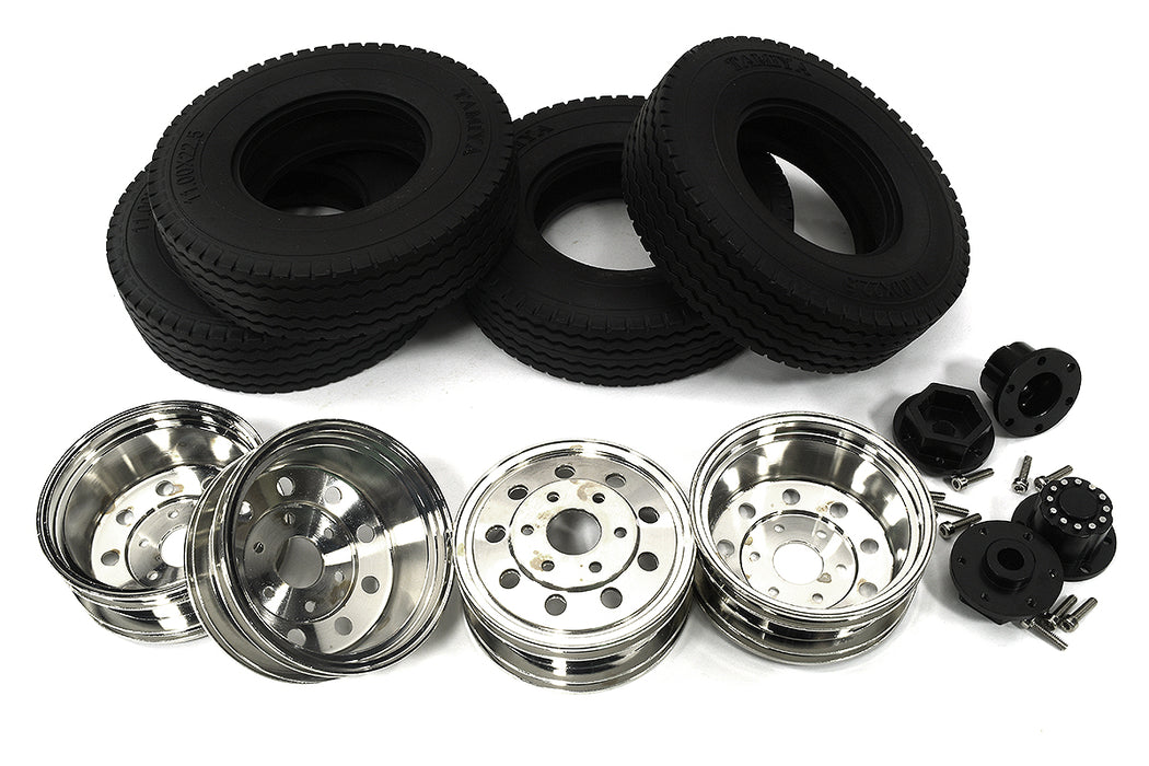 Machined Alloy Rear Dually Wheel & Tire Set for Tamiya 1/14 Scale Tractor Trucks