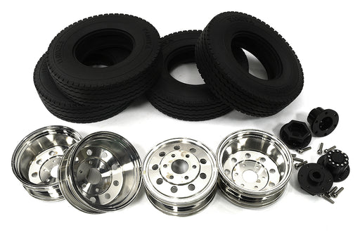 Machined Alloy Rear Dually Wheel & Tire Set for Tamiya 1/14 Scale Tractor Trucks