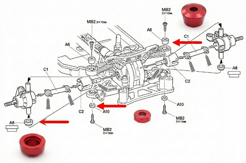 Aluminum Alloy Front Steering Cup Pad Spacer Arm Bushing for Tamiya TT02