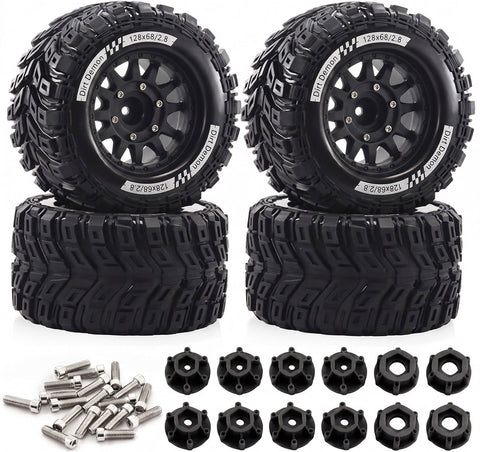Off-Road 1/10 Size Wheel for 12mm 14mm & 17mm Hex & Tire Set (4) OD=128mm W=68mm