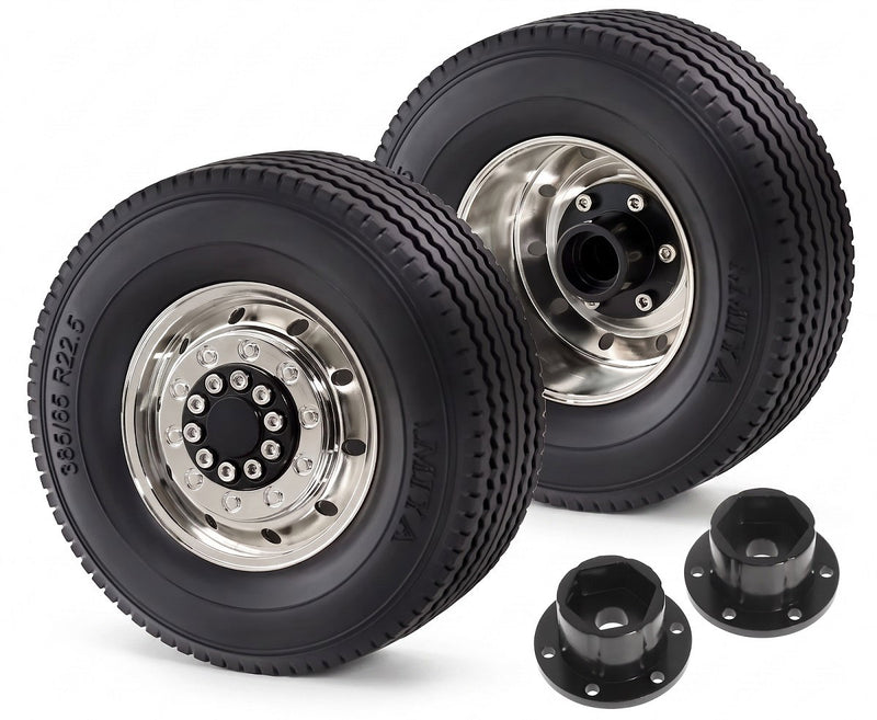 Alloy Front Wheel & Tire (2) Set for Hex Type & Tamiya 1/14 Scale Trucks W=19mm