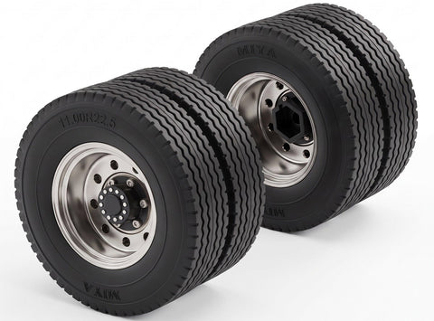Machined Alloy Rear Dually Wheel & Tire (2) for Tamiya 1/14 Scale Trucks