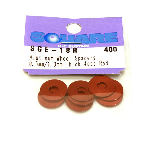 Square R/C Aluminum Wheel Spacers, 0.5mm/1mm Thick (Red) 4 pcs. Each