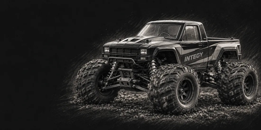 Stylized graphite illustration of an INTEGY-branded RC monster truck, not a product listing